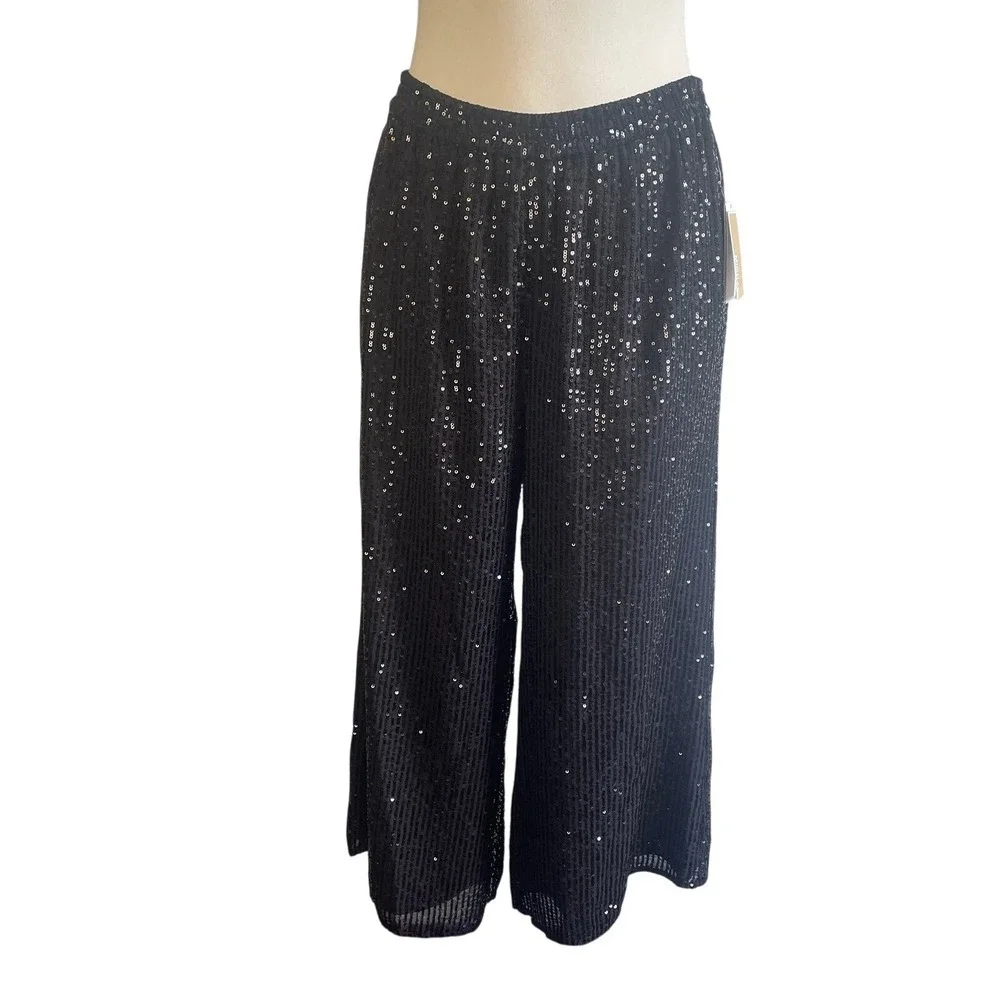 Michael Kors Black Sequin Wide Leg Cropped Pants Women's Size M‎
